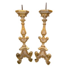 Antique Pair of Early 19th Century Italian Carved and Parcel Gilt Altar Sticks