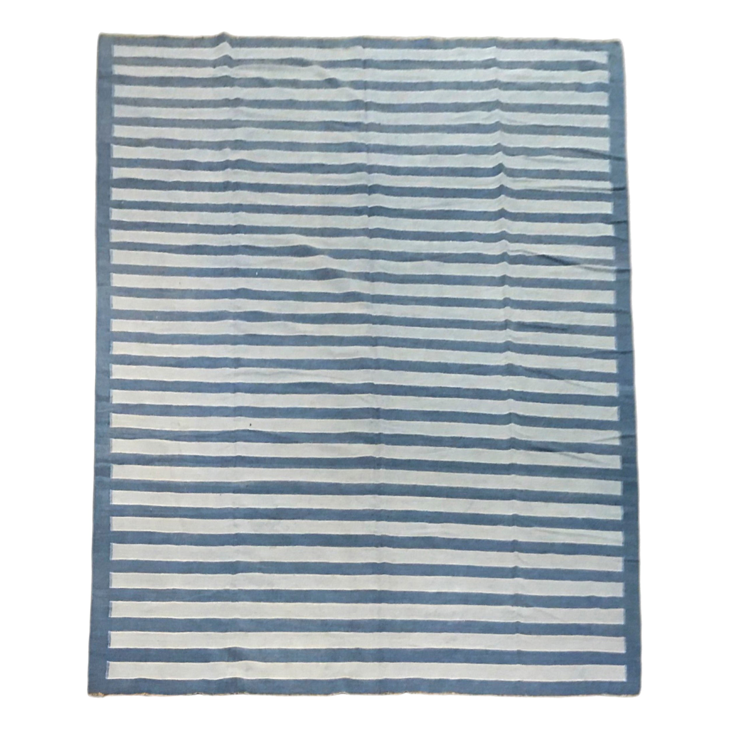 Tapis Dhurrie vintage à rayures bleues et accents crème  Rug & Kilim