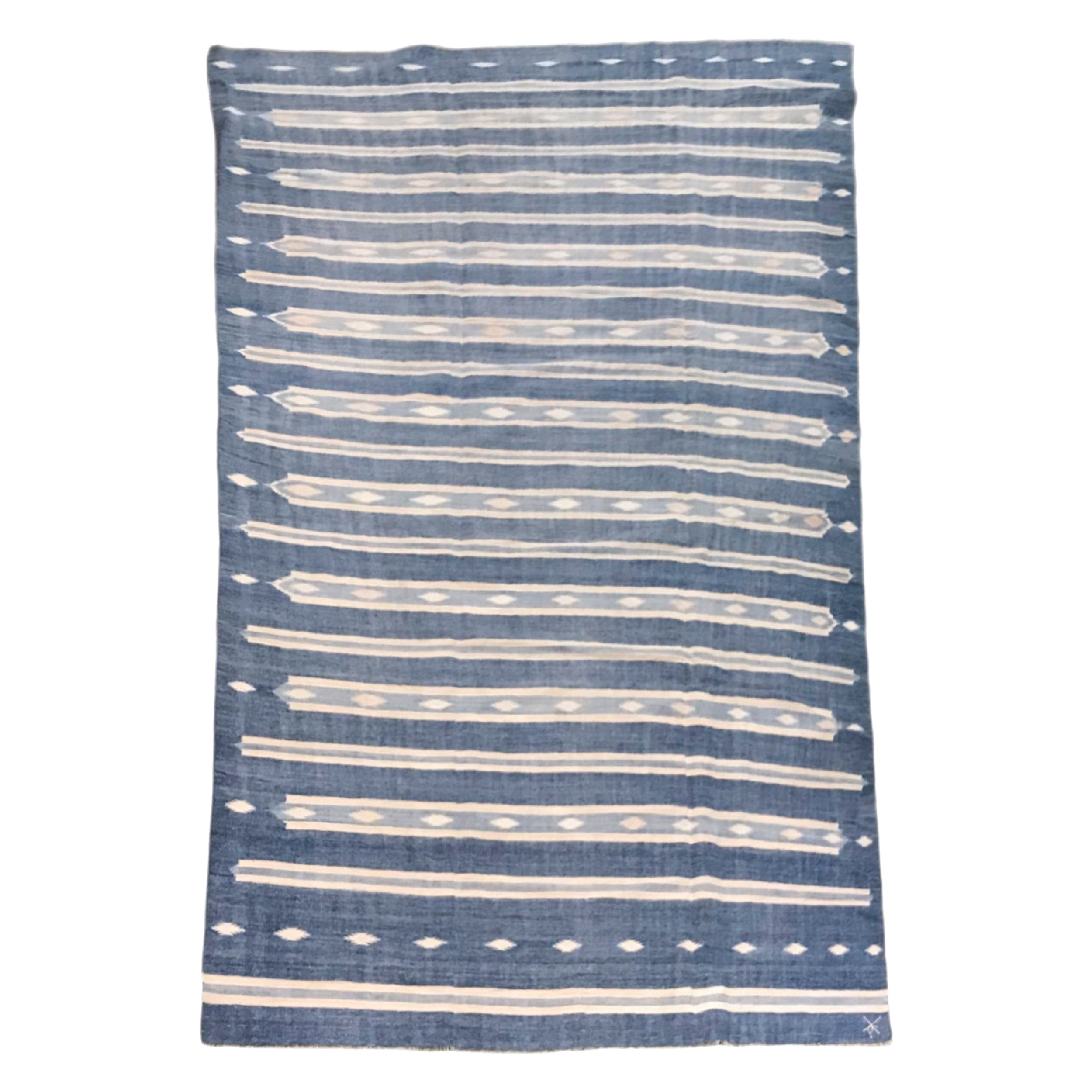 Vintage Dhurrie Runner Rug in Blue with Cream White Stripes  Rug & Kilim