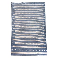 Vintage Dhurrie Runner Rug in Blue with Cream White Stripes  Rug & Kilim