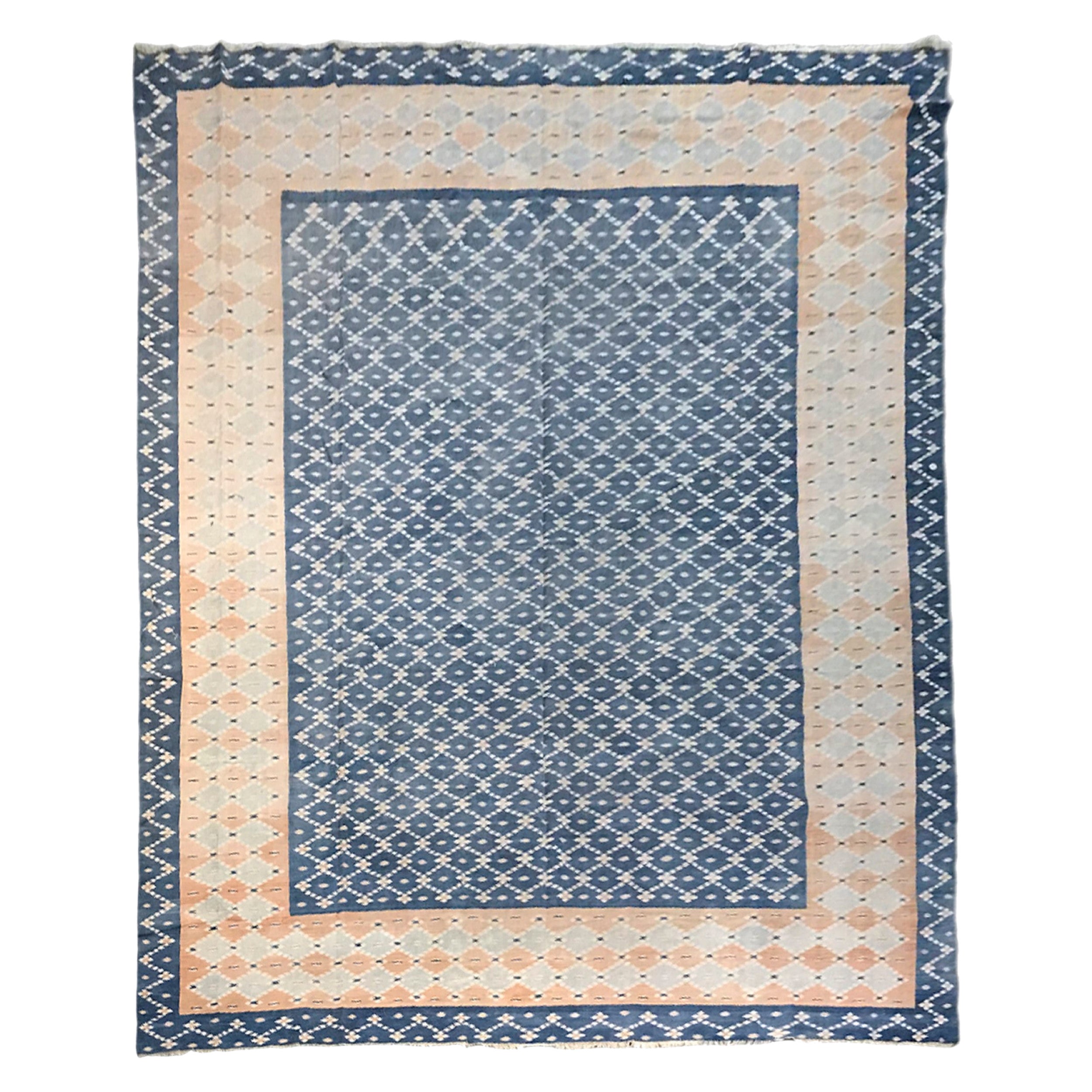 Vintage Dhurrie Rug in Blue with Cream Geometric Patterns  Rug & Kilim
