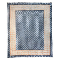 Tapis Dhurrie vintage bleu avec motifs géométriques crème  Rug & Kilim
