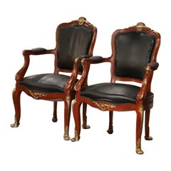 Pair of 19th Century French Louis XV Mahogany, Bronze and Leather Desk Armchairs