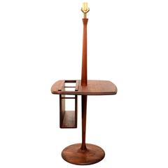 Mid-Century Modern Walnut Floor Lamp with Table and Magazine Holder