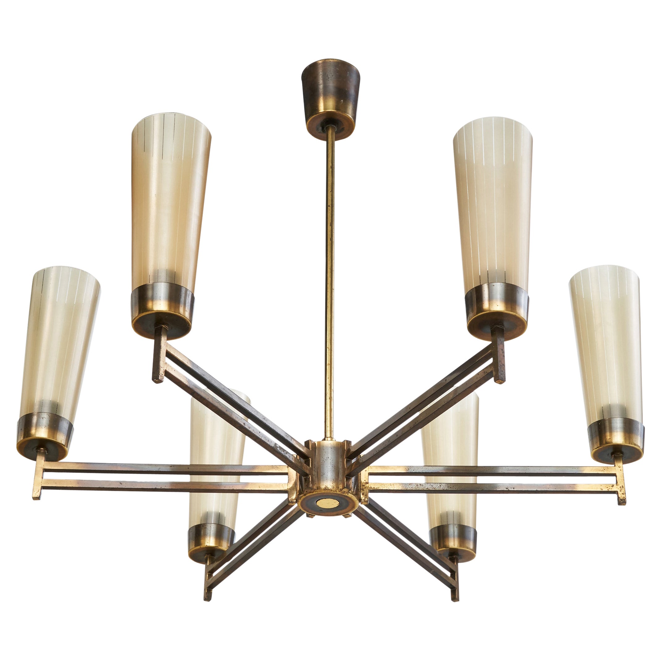 Italian Designer, Chandelier, Brass, Glass, Italy, 1950s