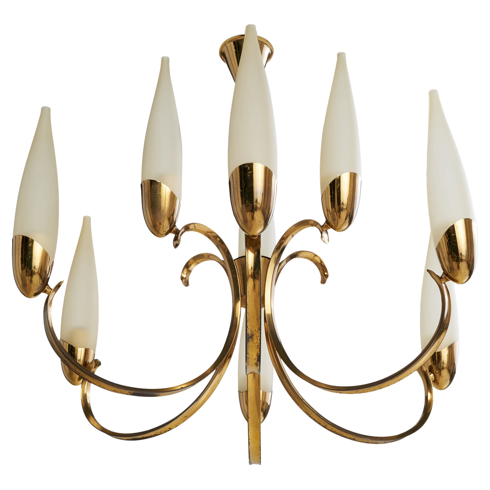 Italian Designer, Chandelier, Brass, Glass, Italy, 1950s For Sale