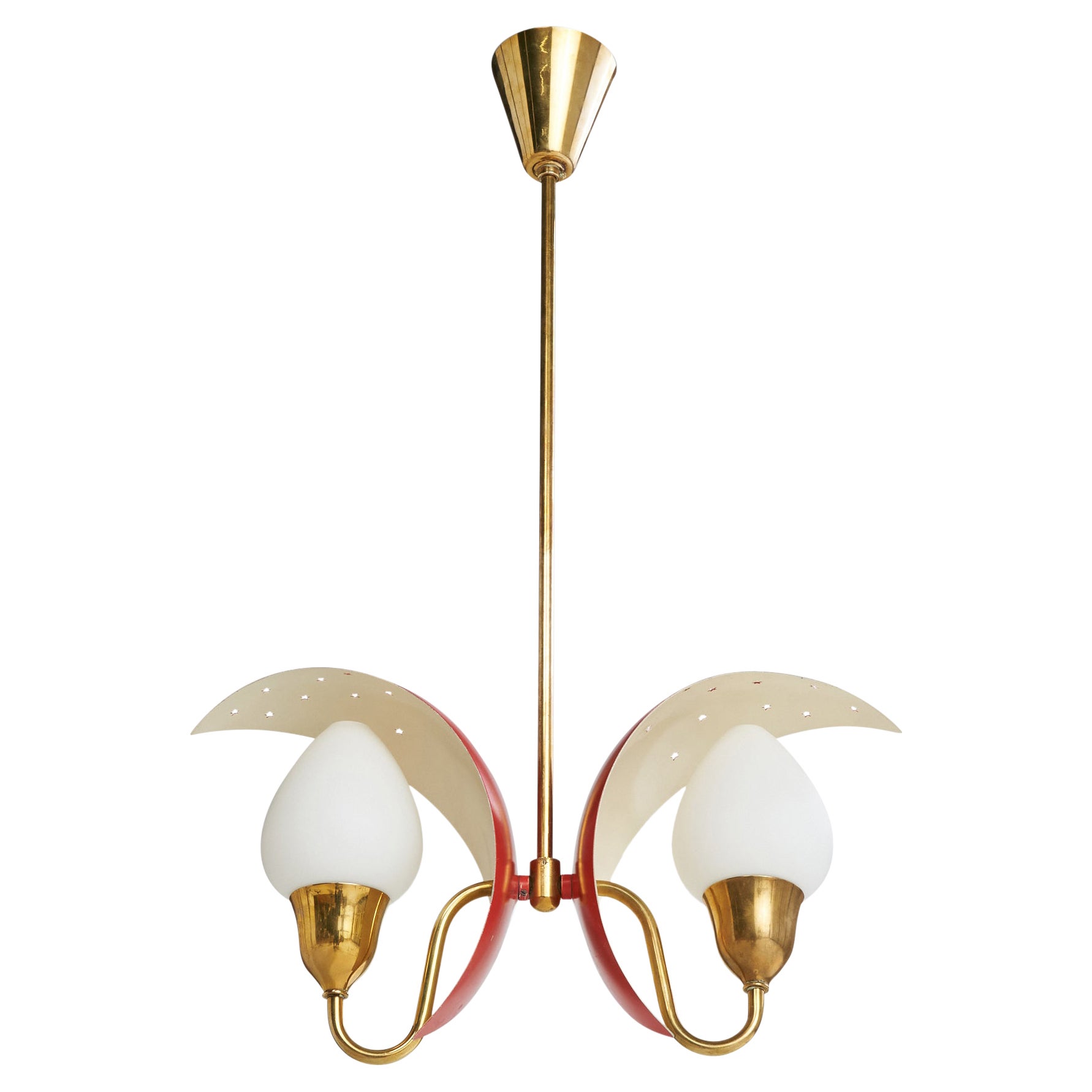Bent Karlby, Chandelier, Brass, Metal, Glass, Denmark, 1950s For Sale