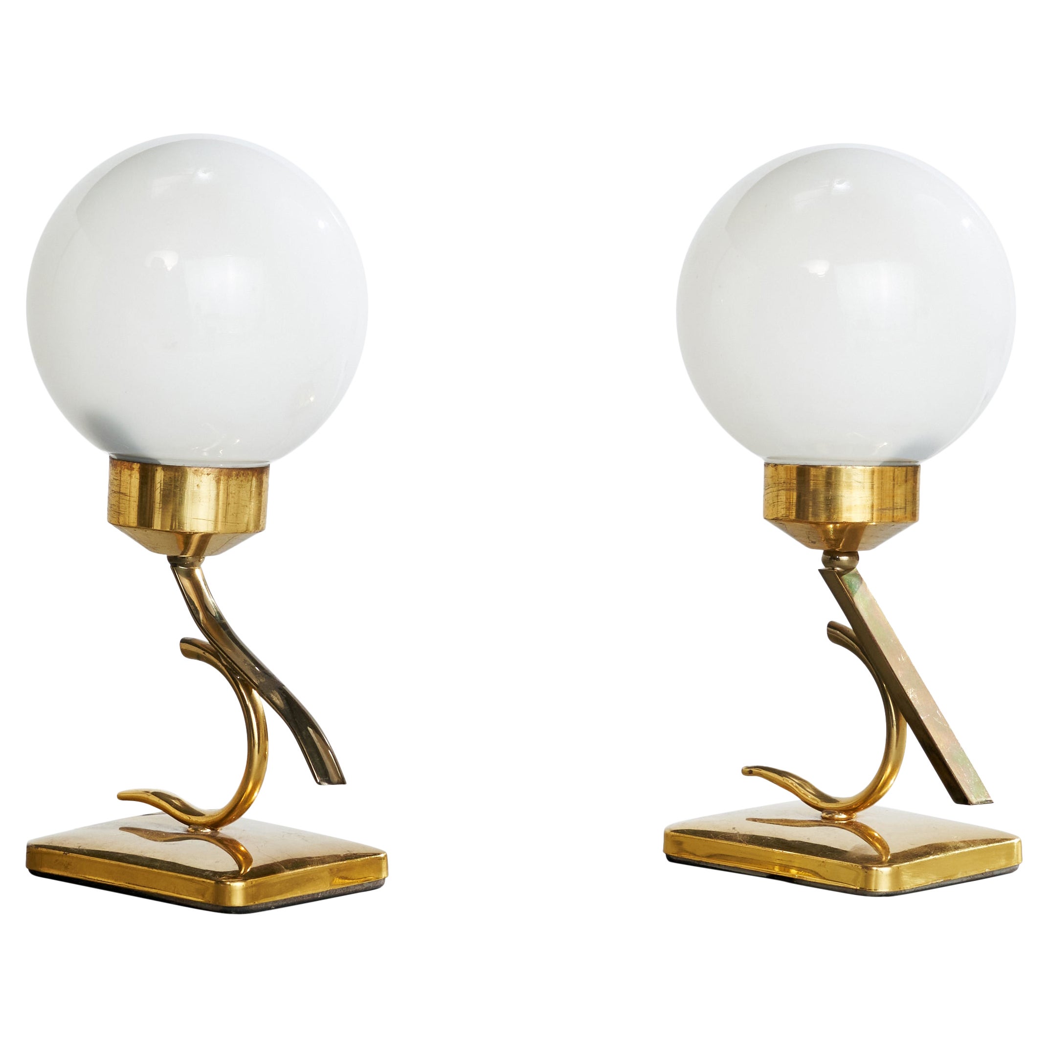 French Designer, Table Lamps, Brass, Glass, France, 1950s