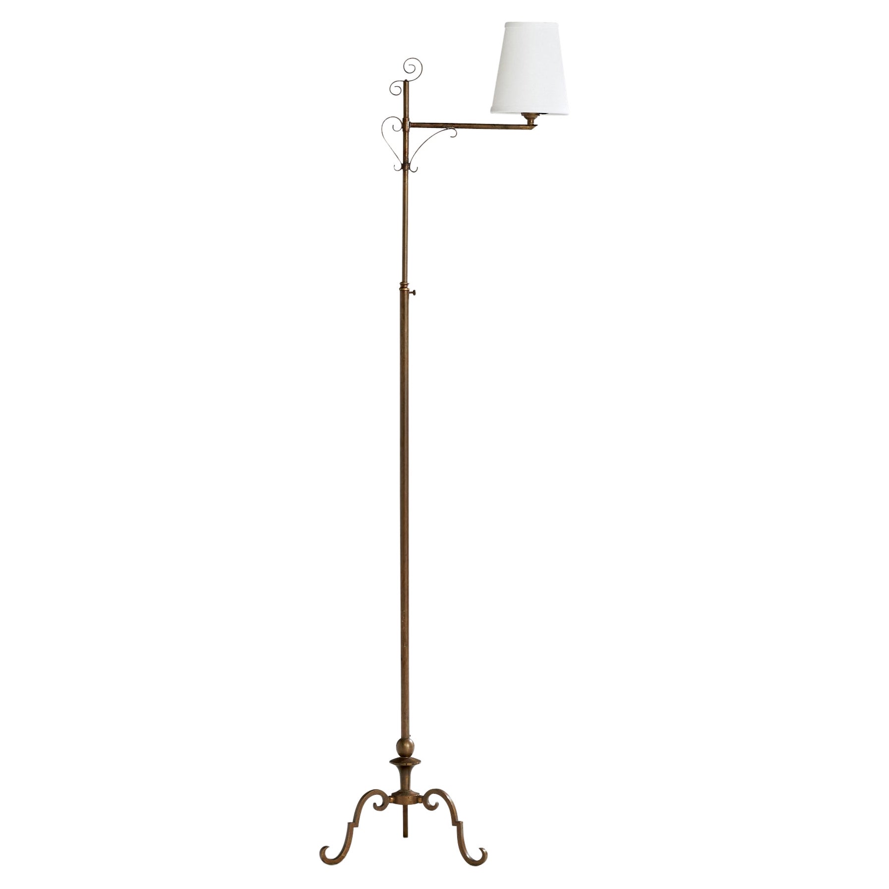 Danish Designer, Floor Lamp, Brass, Fabric, Denmark, 1920s