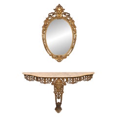 Console classique en laiton doré avec miroir ovale  Années 1950 Italie