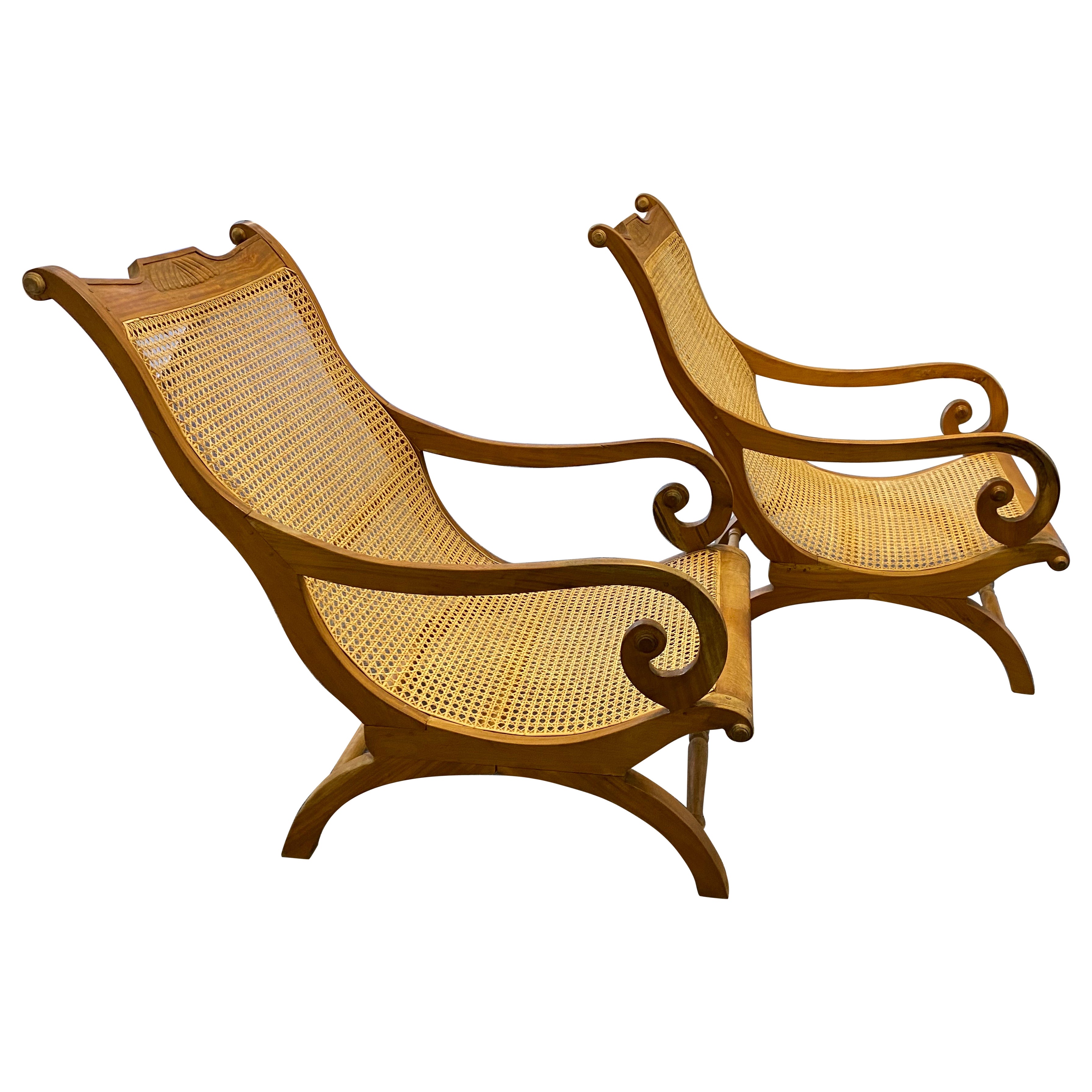 Pair of 19th Century Ceylonese Satinwood & Caned Lounge Chairs