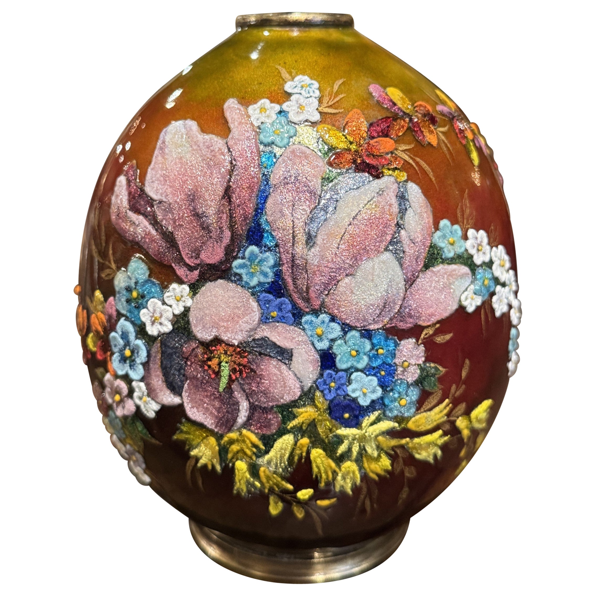 Early 20th Century French Enamel Vase with Floral Decor Signed Camille Fauré