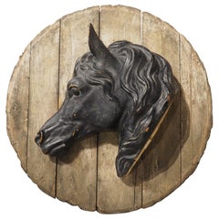 Antique Mounted and Painted Cast Iron Horse Head from a French Stable, C. 1880s
