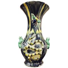 French Pottery Vase with Raised Snake and Frog Design