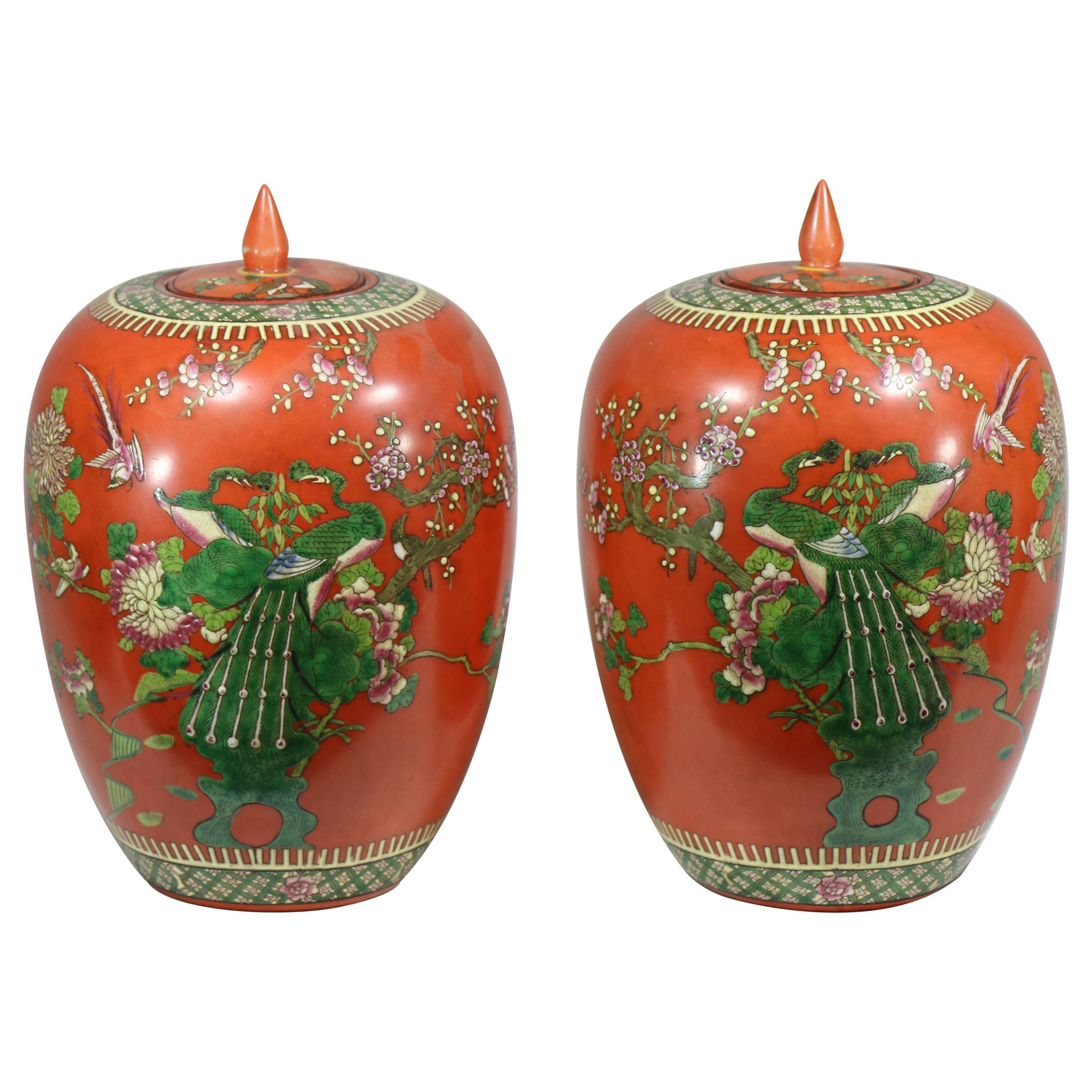 19th century Exquisite Pair of Persimmon Porcelain Ginger Jars- Qing Dynasty For Sale