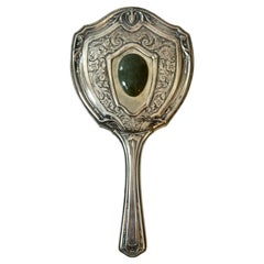 German Silver Victorian Hand Mirror with Jade Detail
