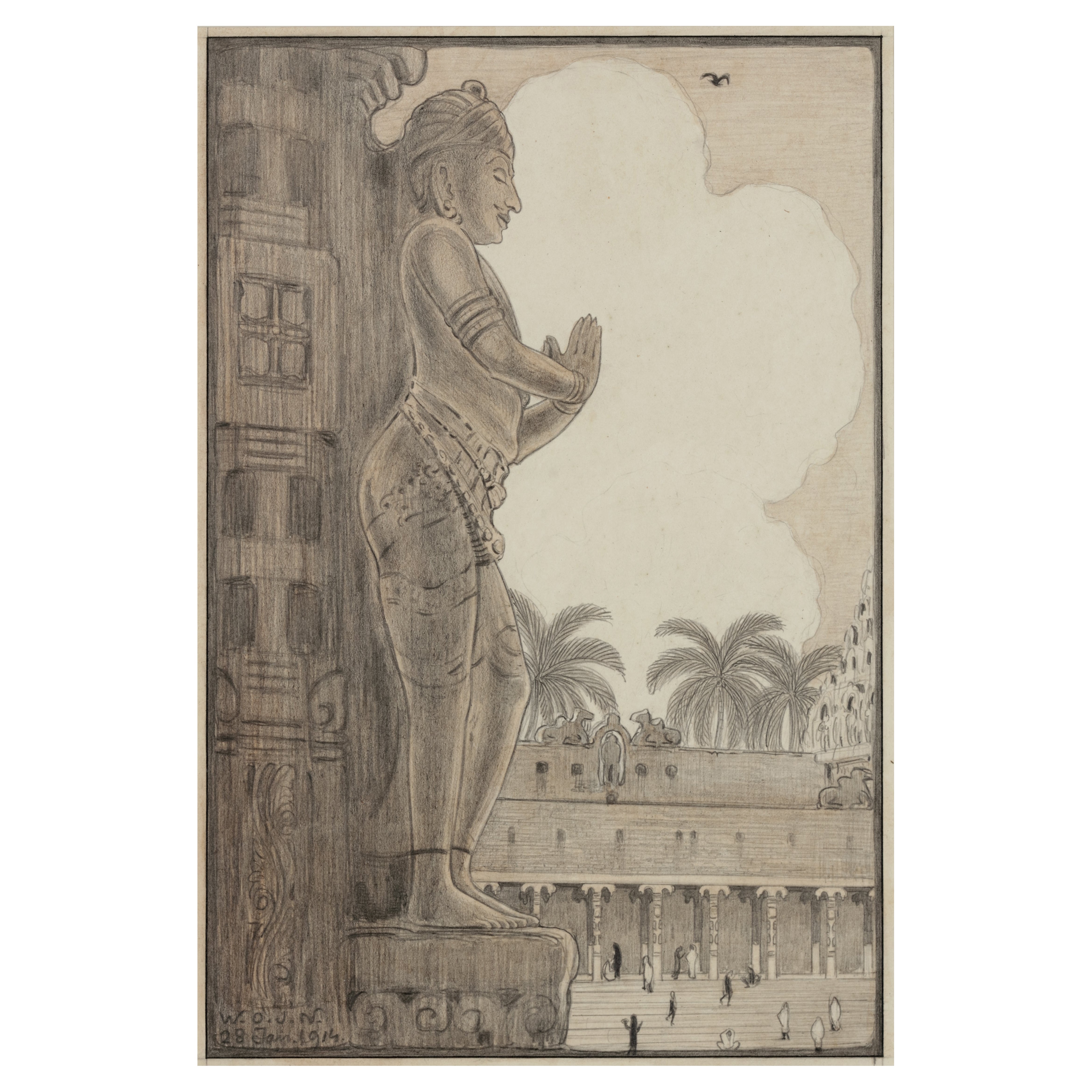 W.O.J. Nieuwenkamp (1874-1950) Stone statue in the temple at Madura, India, 1914 For Sale
