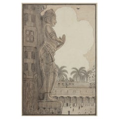 Antique W.O.J. Nieuwenkamp (1874-1950) Stone statue in the temple at Madura, India, 1914