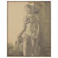 Antique W.O.J. Nieuwenkamp (1874-1950) 'Stone statue in the temple at Madura, India'
