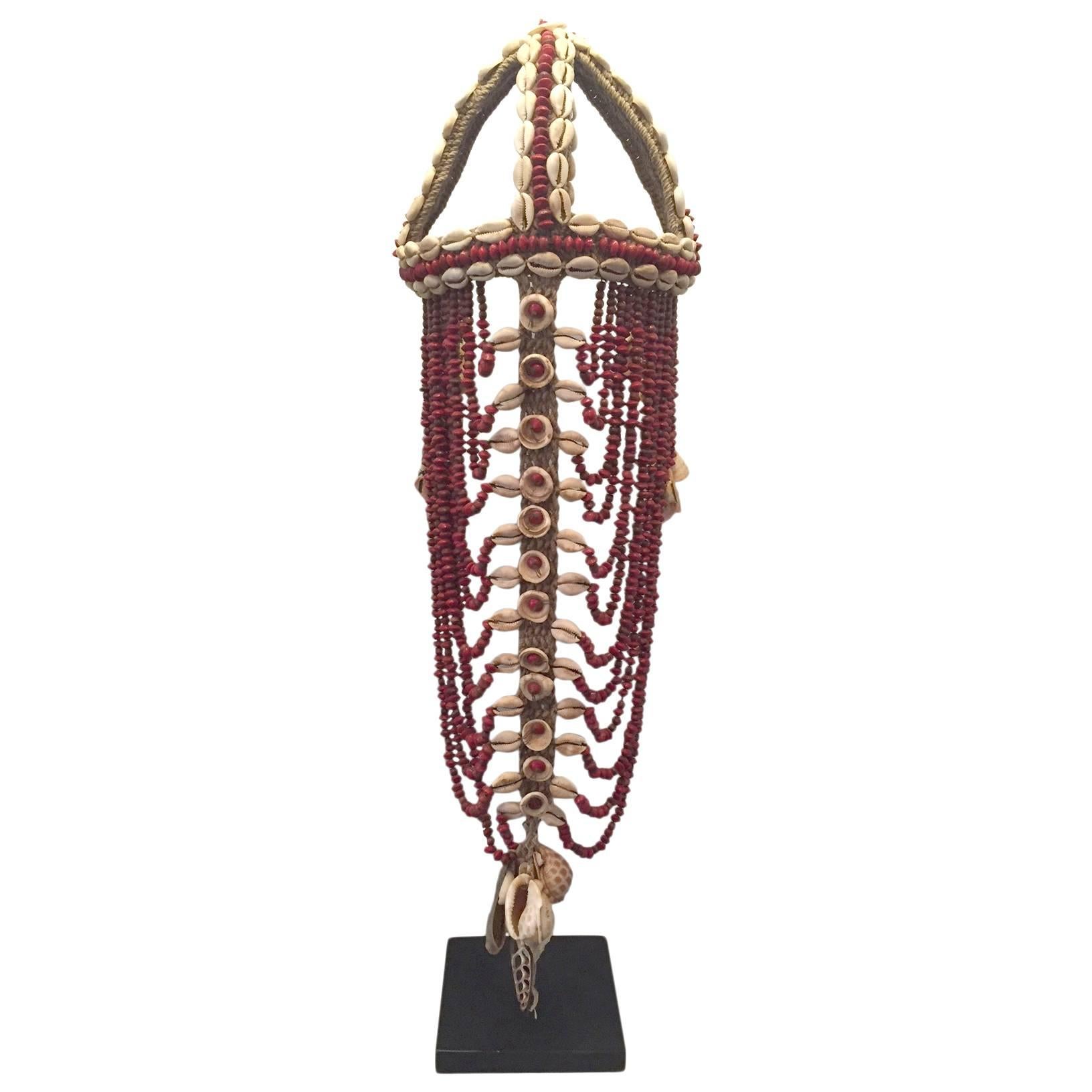 Headdress from Papua New Guinea Made from Cowrie Shells and Red Seeds, Mounted 