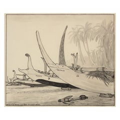 Antique W.O.J. Nieuwenkamp (1874-1950) 'Four outrigger proa’s on the beach of Kusambe'