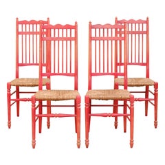 Ensemble rare de chaises de salle à manger à assise en jonc rouge laqué hollandais x 4
