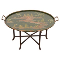 Baker Furniture Style Hollywood Regency Chinoiserie Faux Bamboo Tole Tray Table