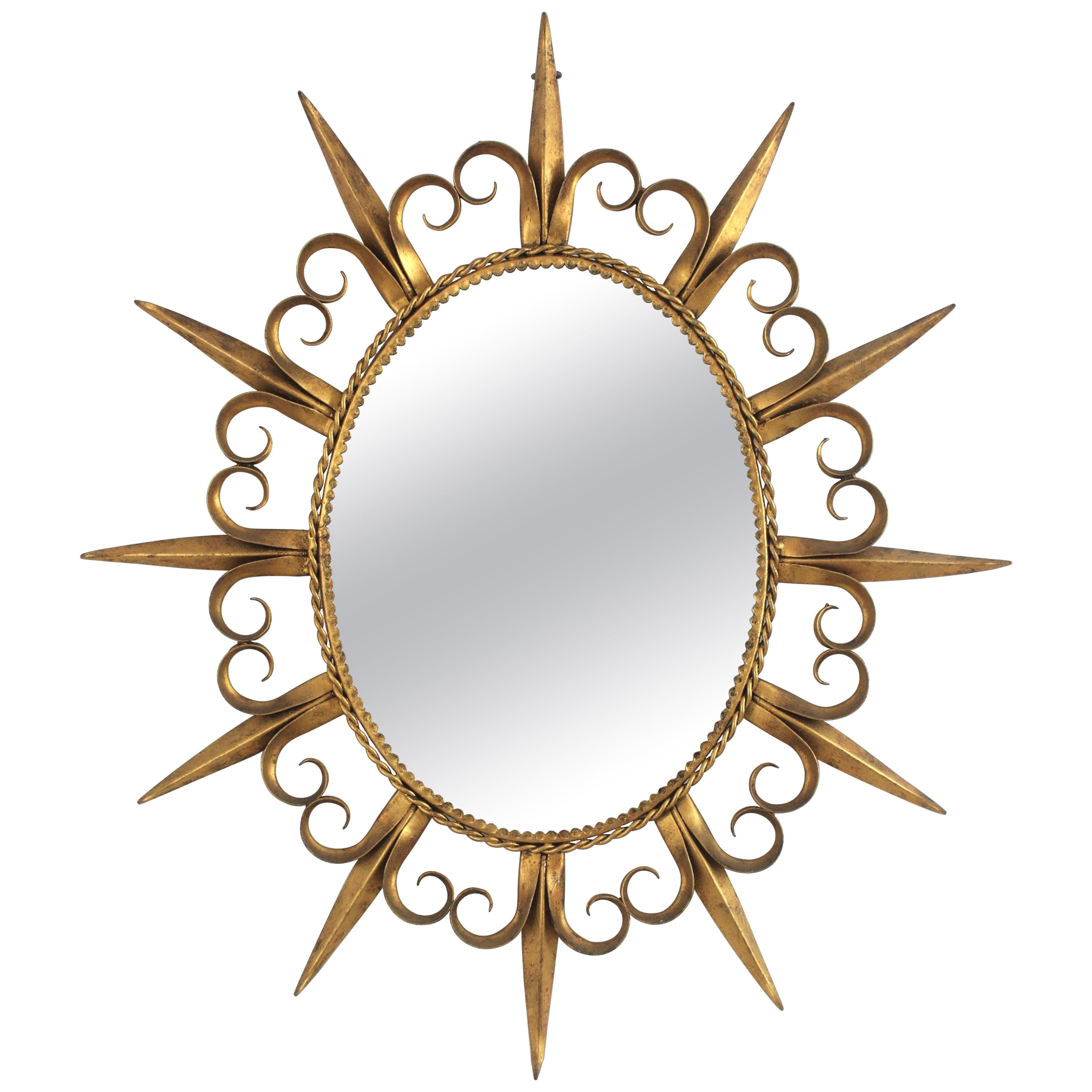 Oval Sunburst Mirror in Gilt Iron with Eyelash Details, Spain 1950s