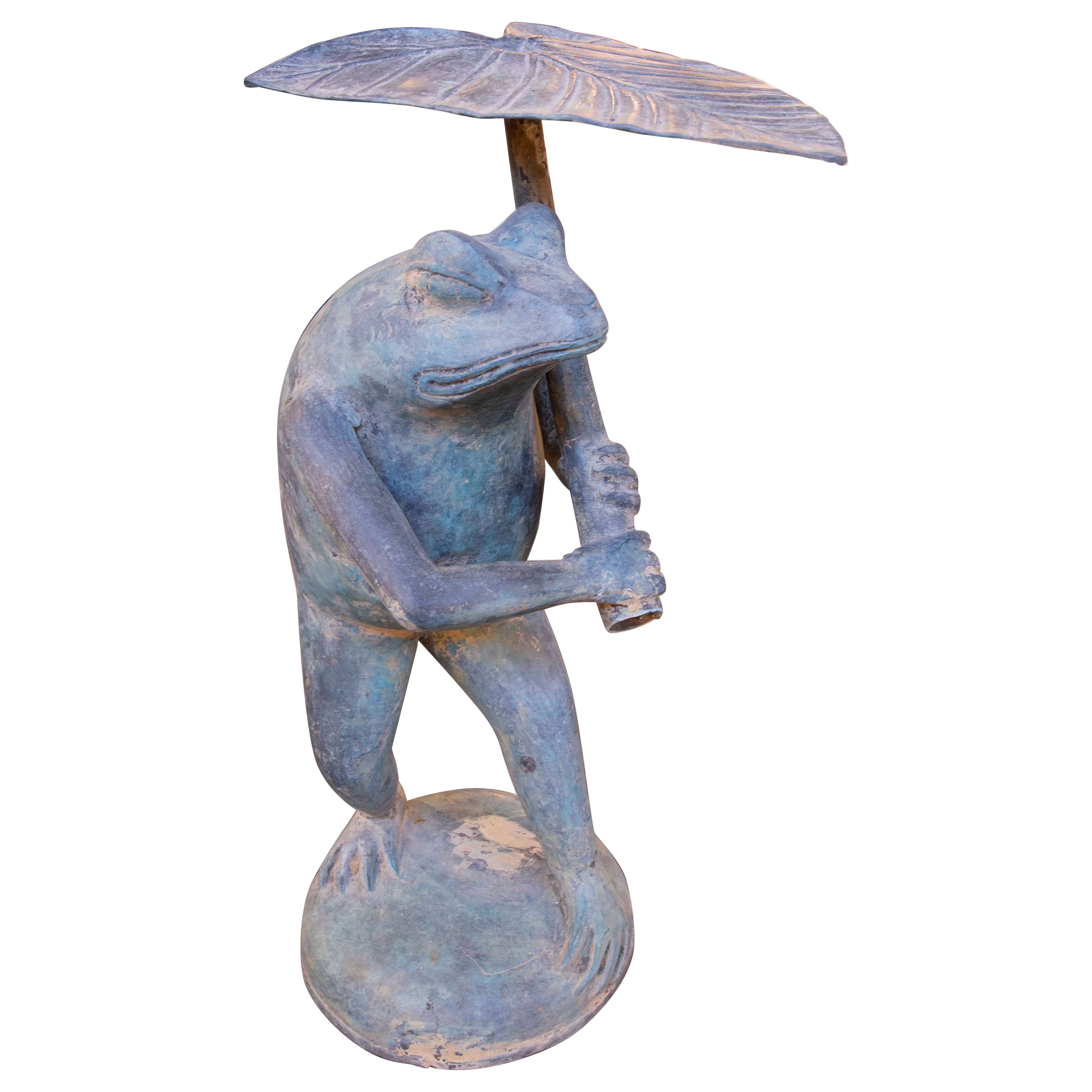 1980s Bronze Frog Sculpture with Umbrella