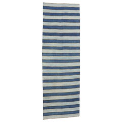 Vintage Dhurrie Runner Rug with Blue Stripes and Gold Accents  Rug & Kilim