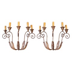 Antique 1750s Pair of Wall Sconces in Wrought Iron and Wood with Stucco