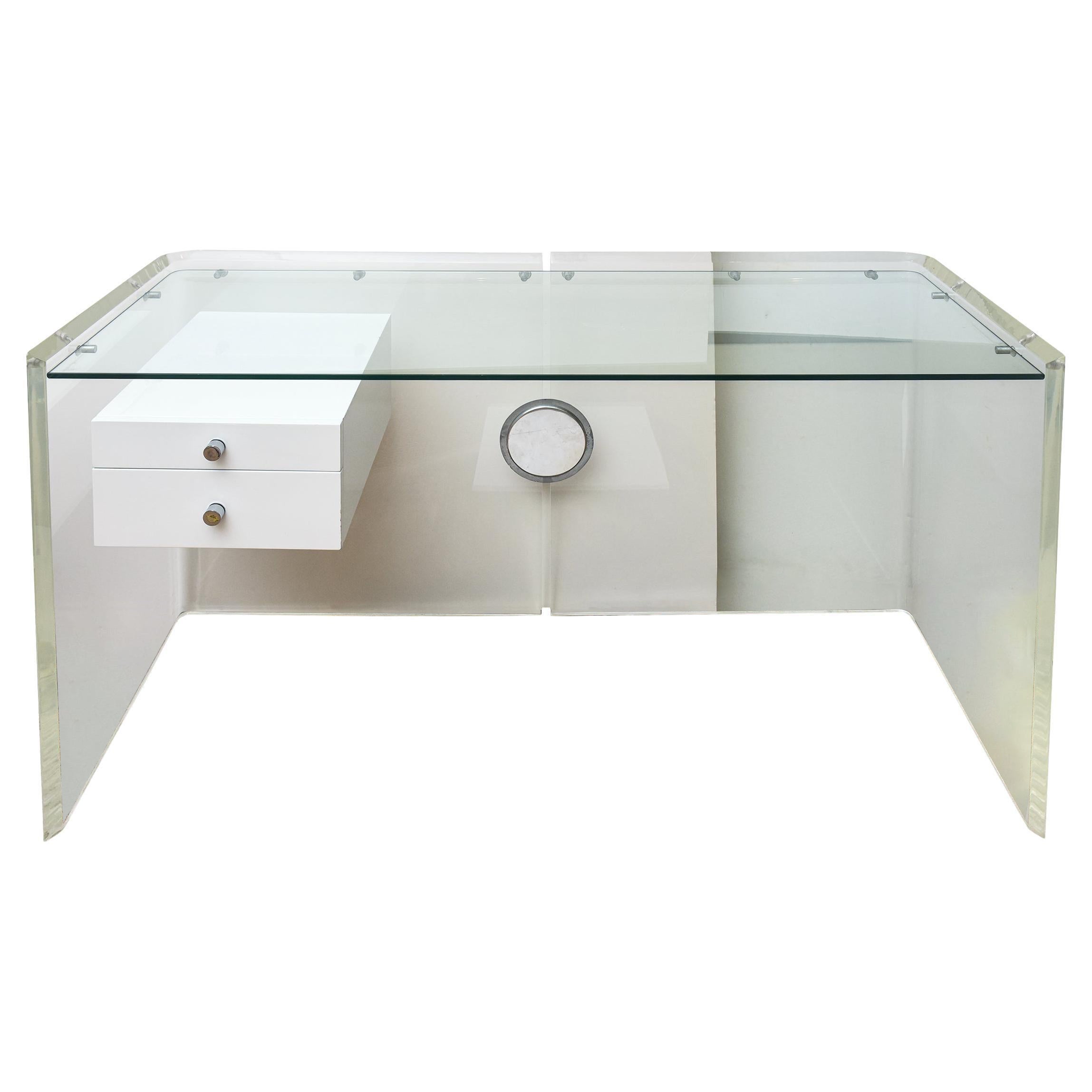 Vintage Custom Floating Lucite, Glass, Steel And White Lacquered 2 Drawer Desk