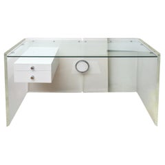 Vintage Custom Floating Lucite, Glass, Steel And White Lacquered 2 Drawer Desk