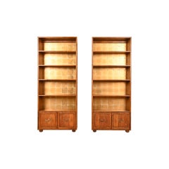 Henredon Mid-Century Modern Campaign Oak Bookcase Cabinets, Pair