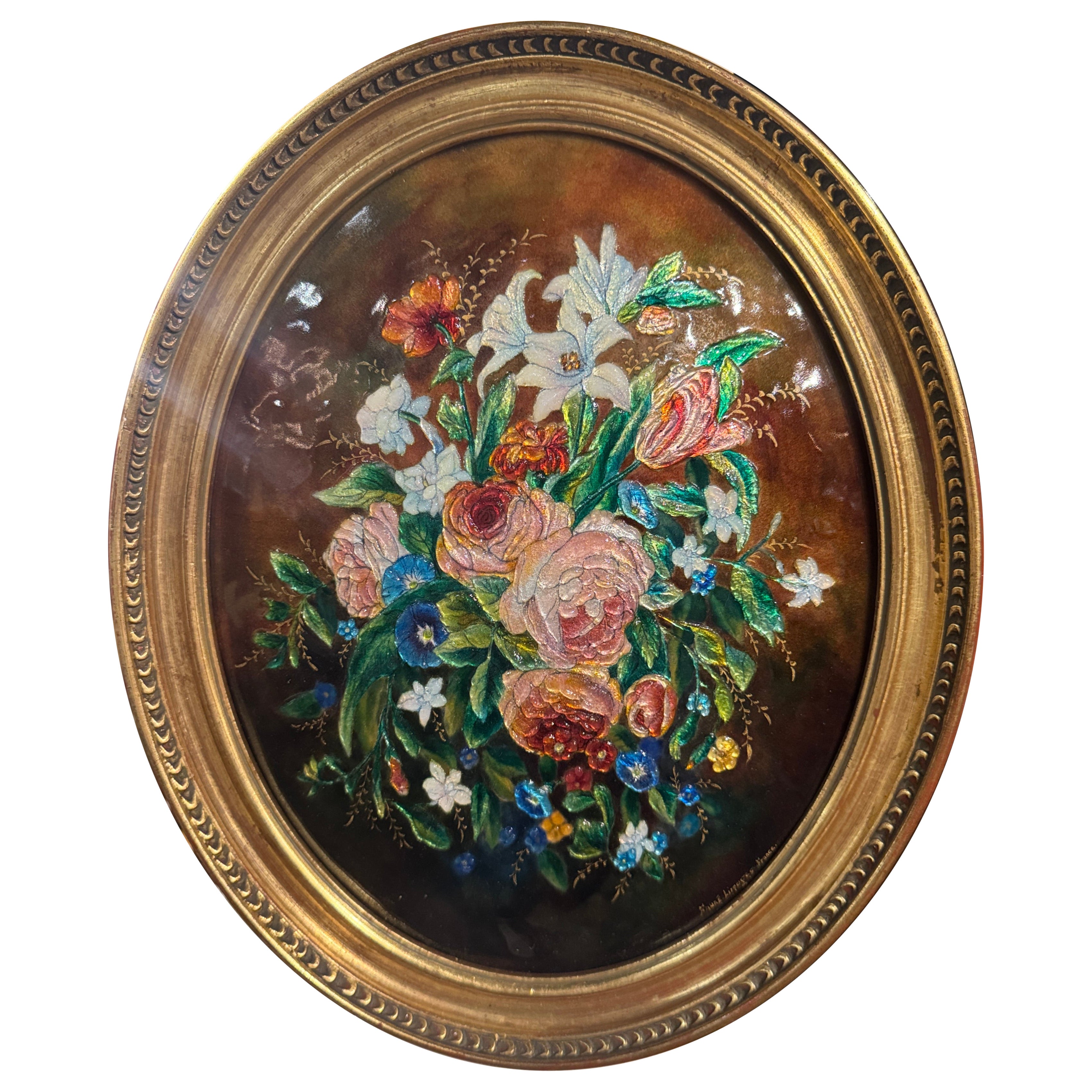Placa de pared esmaltada francesa de principios del siglo XX Decoración floral Firmada Camille Fauré en venta