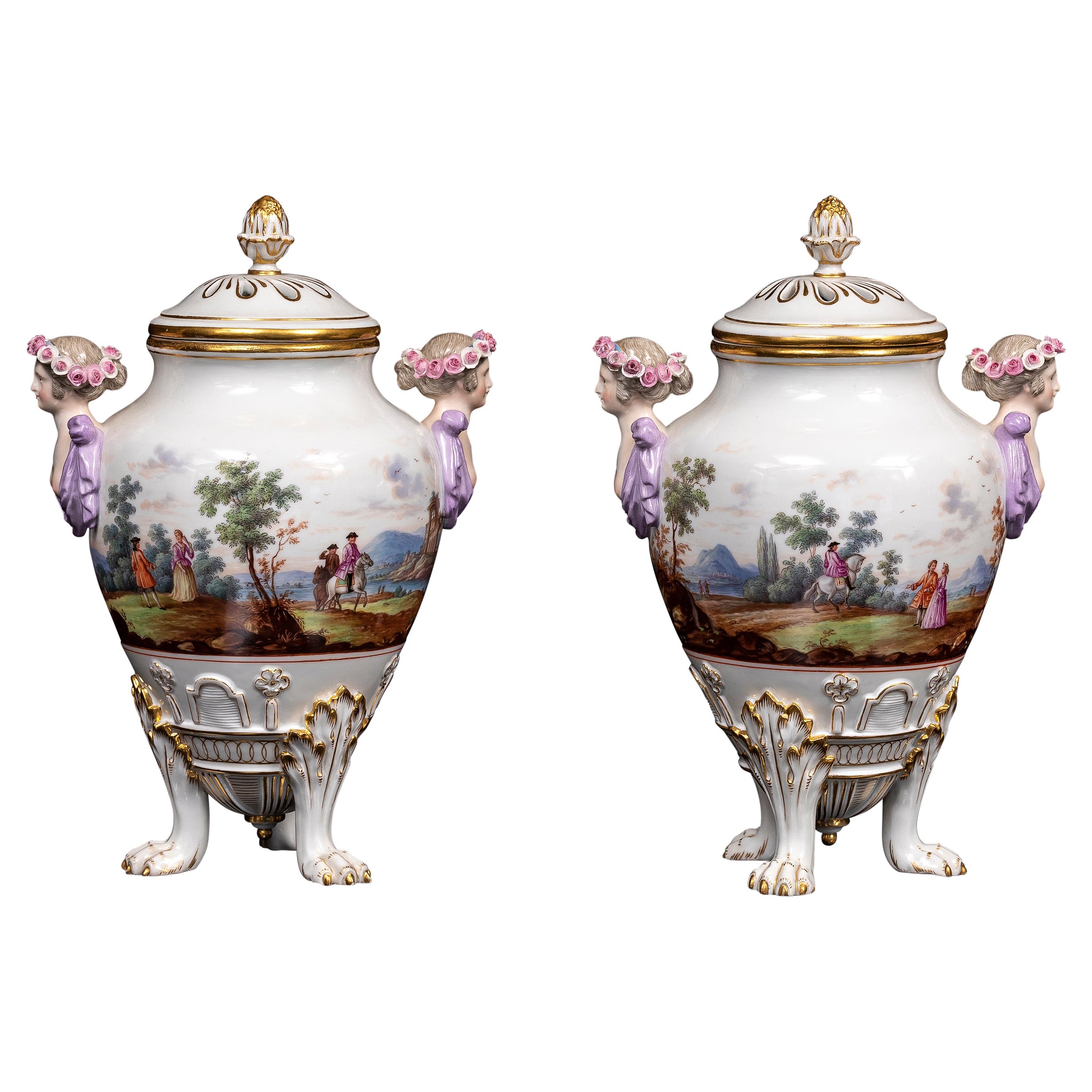 Pr. 19. Jh. Meissen Porcelain Gedeckte Potpourri Vasen mit figuralen Jungfrauenhenkeln