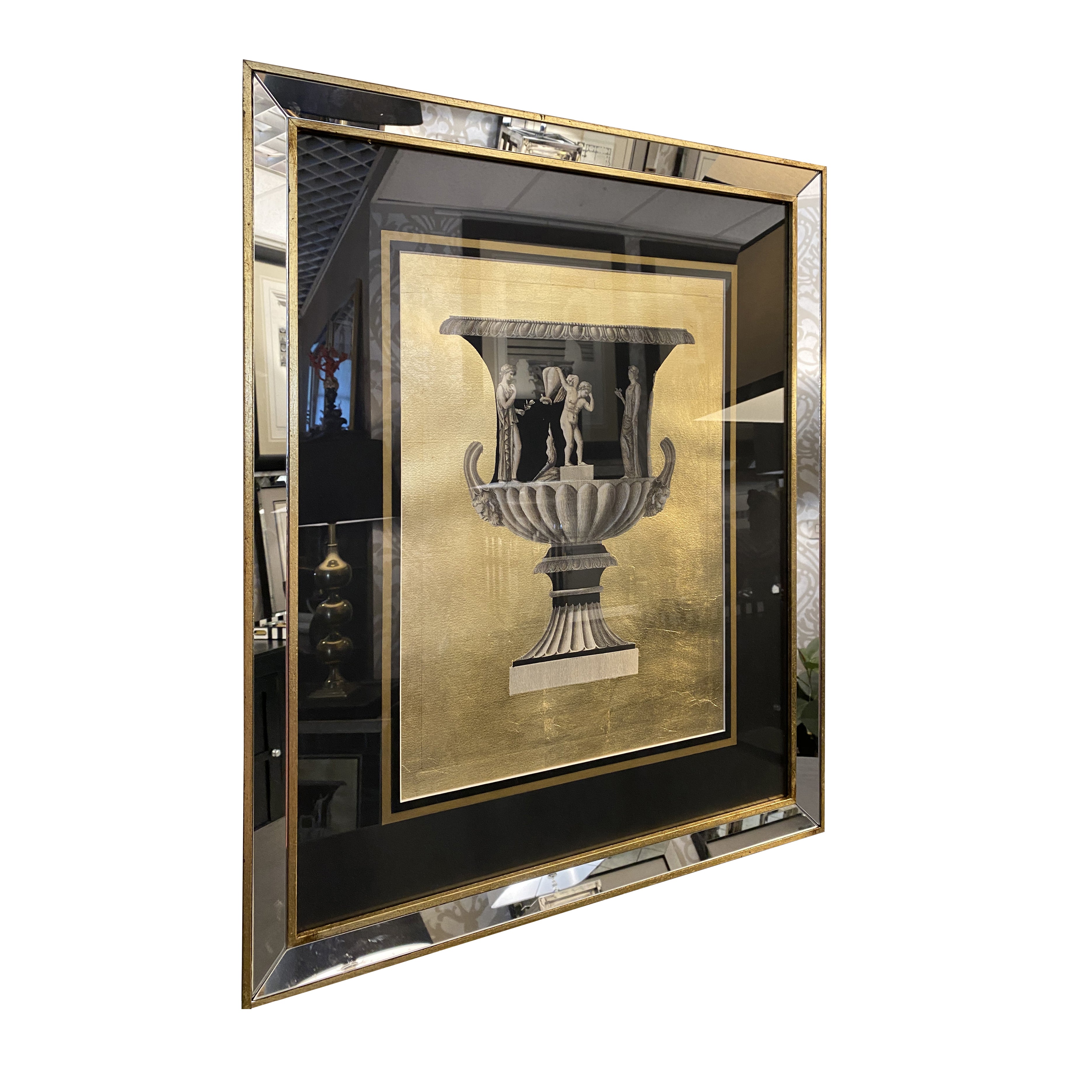 Vaso Romano Italiano Contemporaneo Stampa Oro Nero con Cornice in Legno Specchio 2 di 2 in vendita