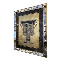 Italienische Zeitgenössische Römische Vase Schwarz Gold Großer Druck mit Spiegel Wood Frame 1 von 2