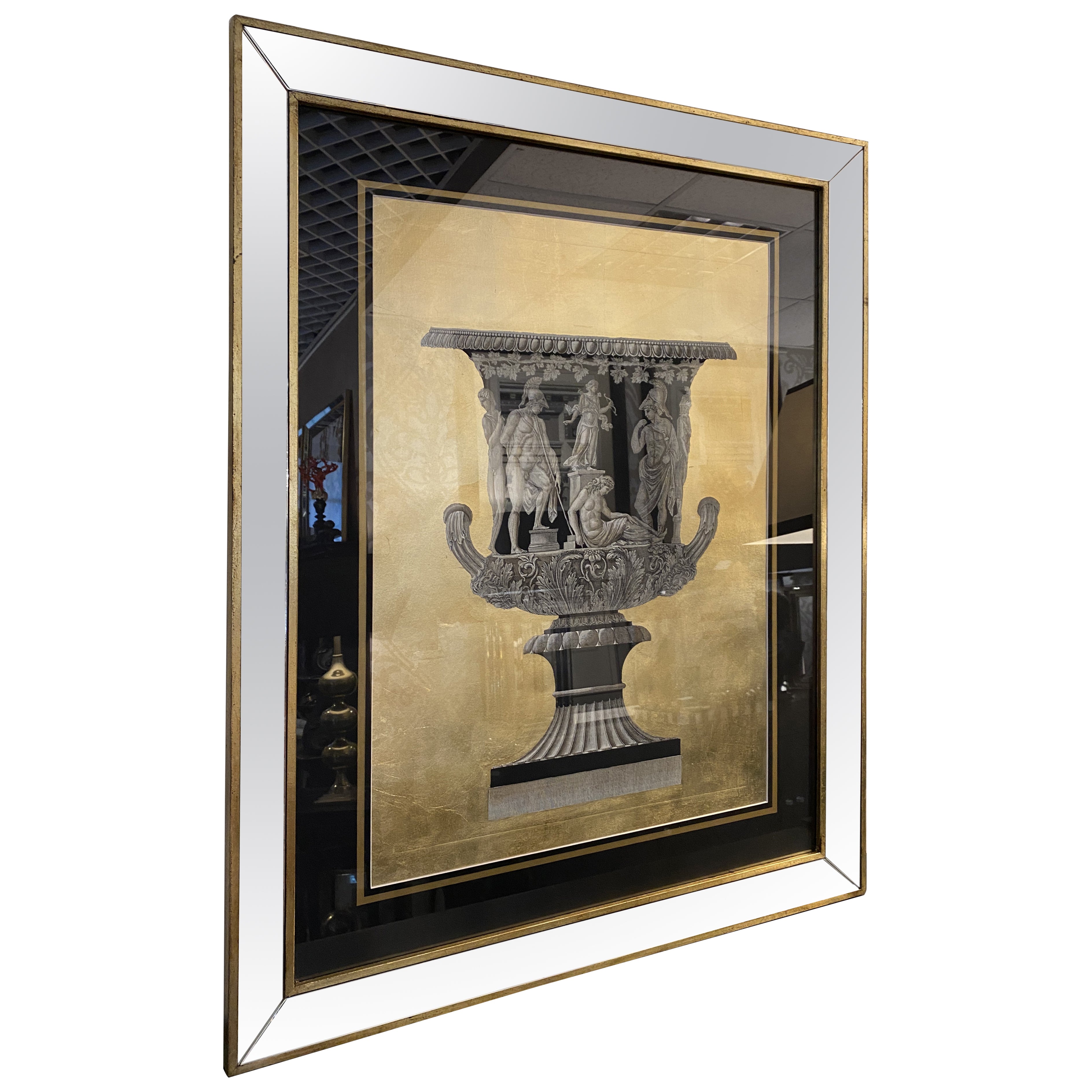 Vaso Romano Italiano Contemporaneo Nero Oro Grande Stampa con Cornice Wood a Specchio 2 di 2