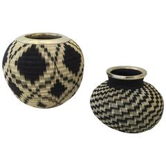 Pair of Colombian Handwoven Baskets with Silver Trim