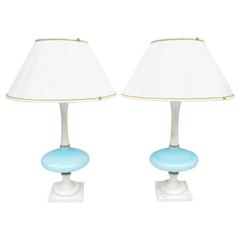 Pair of Italian Blue Opaline and White Carrara Marble Lamps, 1970