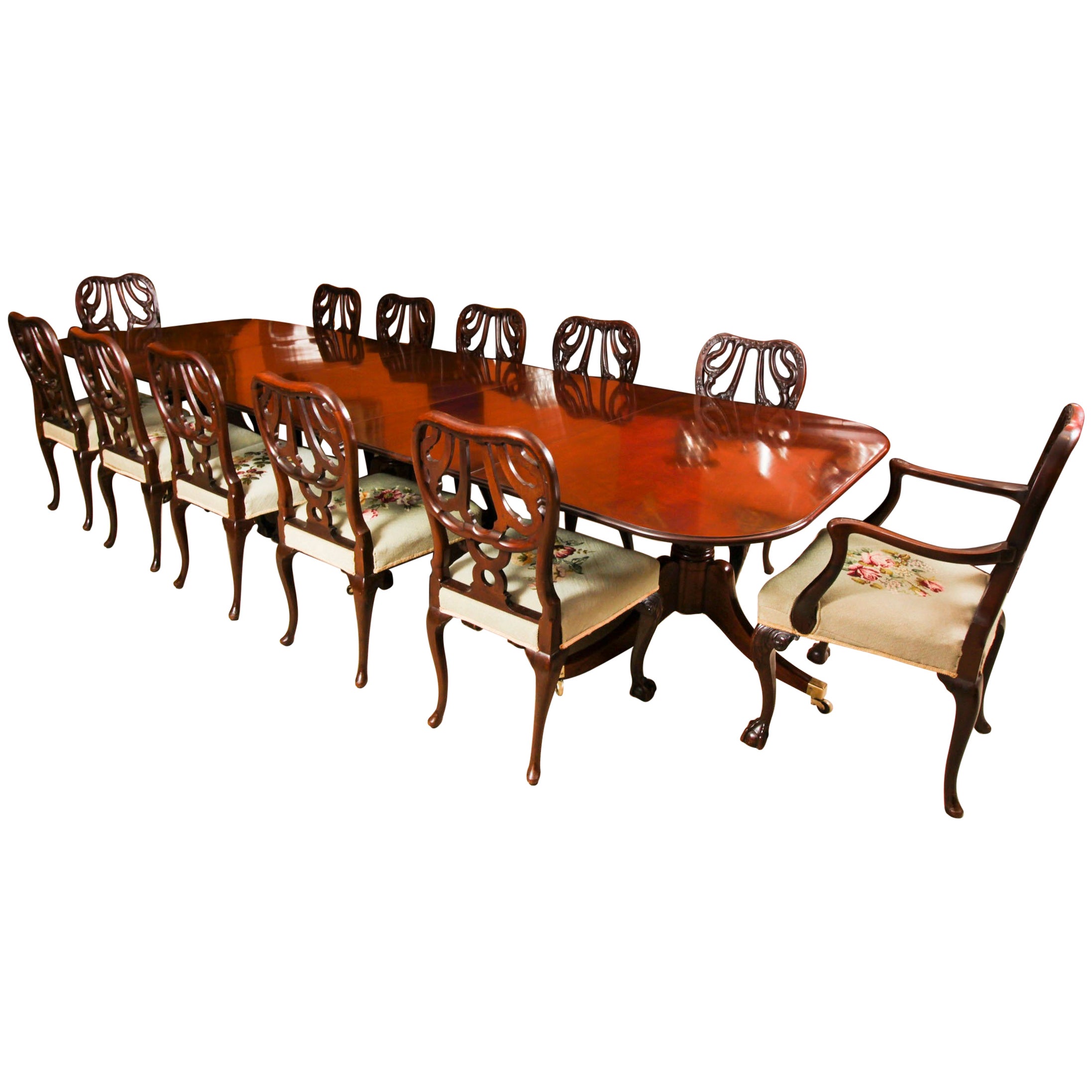 Antique16ft 18th Century George III Triple Pillar Dining Table & 12 Chairs-1920s