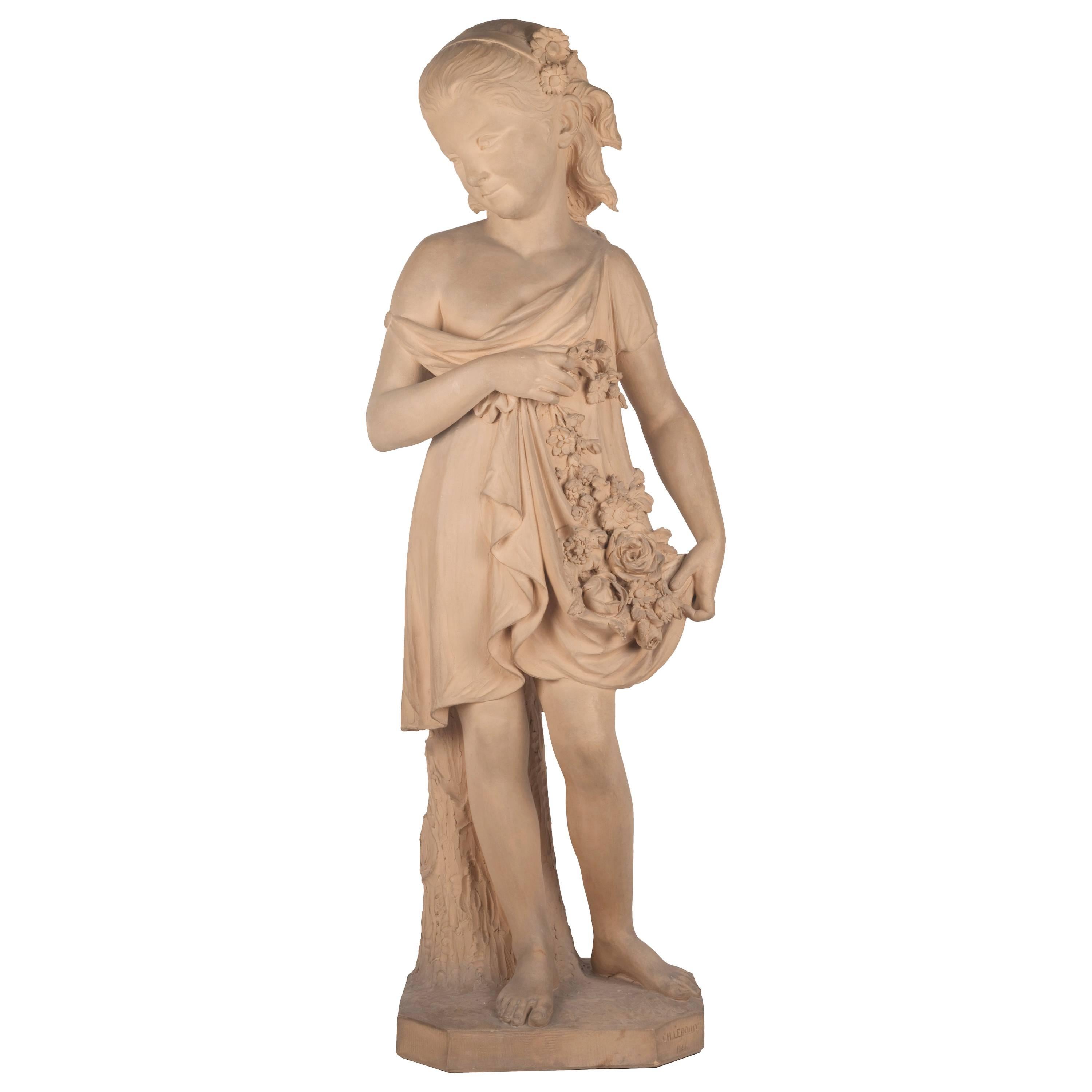 Statue of a Young Girl with a Garland of Flowers by Charles Lebourg For Sale