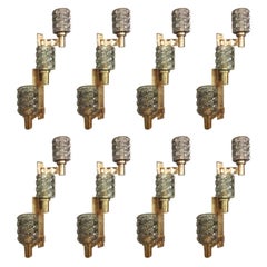 Set of Eight Triple Smoky Murano Glass Sconces. Italy, 1980's.