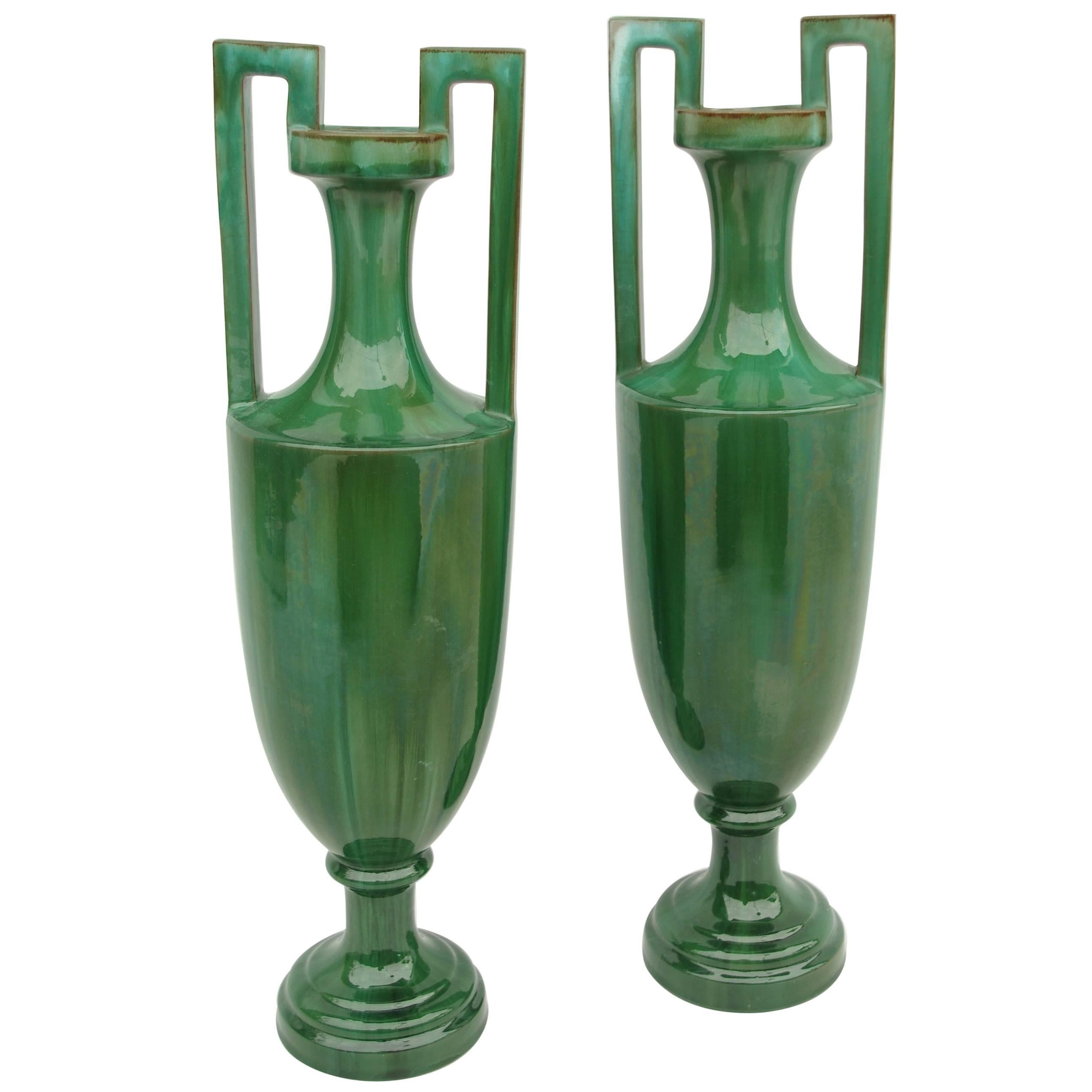 Pair of Green Ceramic Amphoras, circa 1900