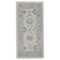 Türkischer Oushak Teppich Blau Rosa Floral Handgewebte Wolle 4'10" x 9'11"