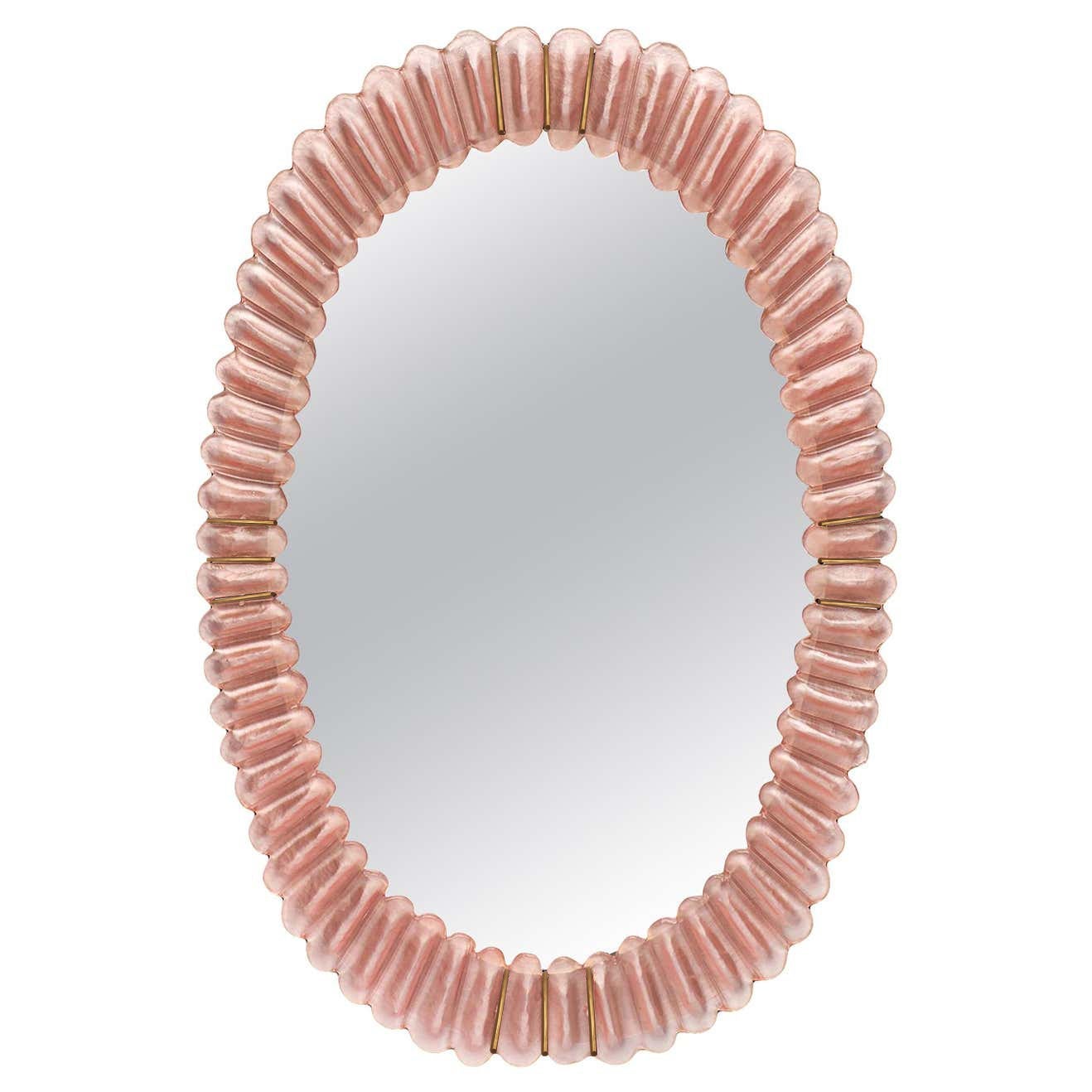 Large Oval Pink Murano Glass Mirror, in Stock