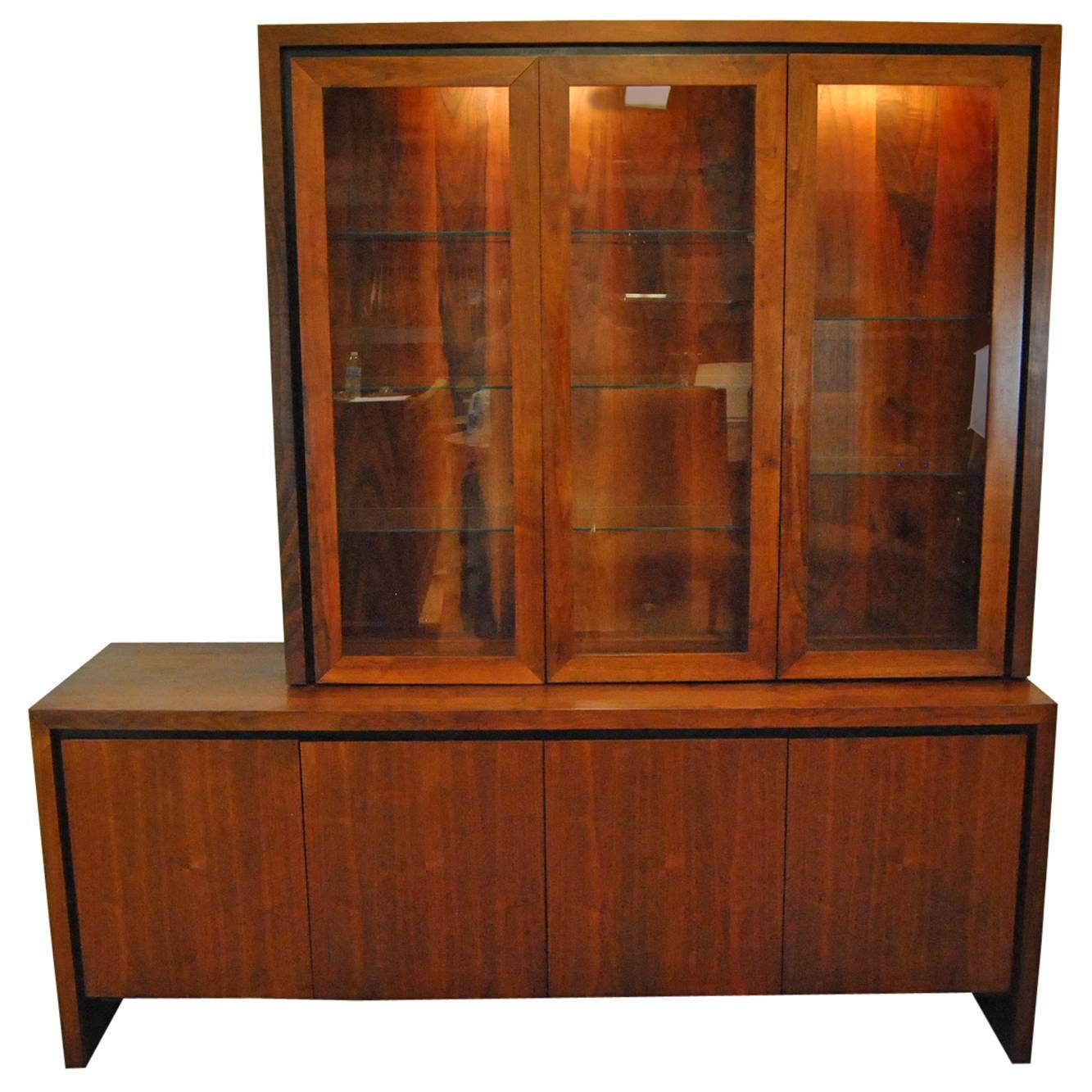 Mid-Century Danish Modern Two Pc Teak Buffet China Display Cabinet by Dillingham