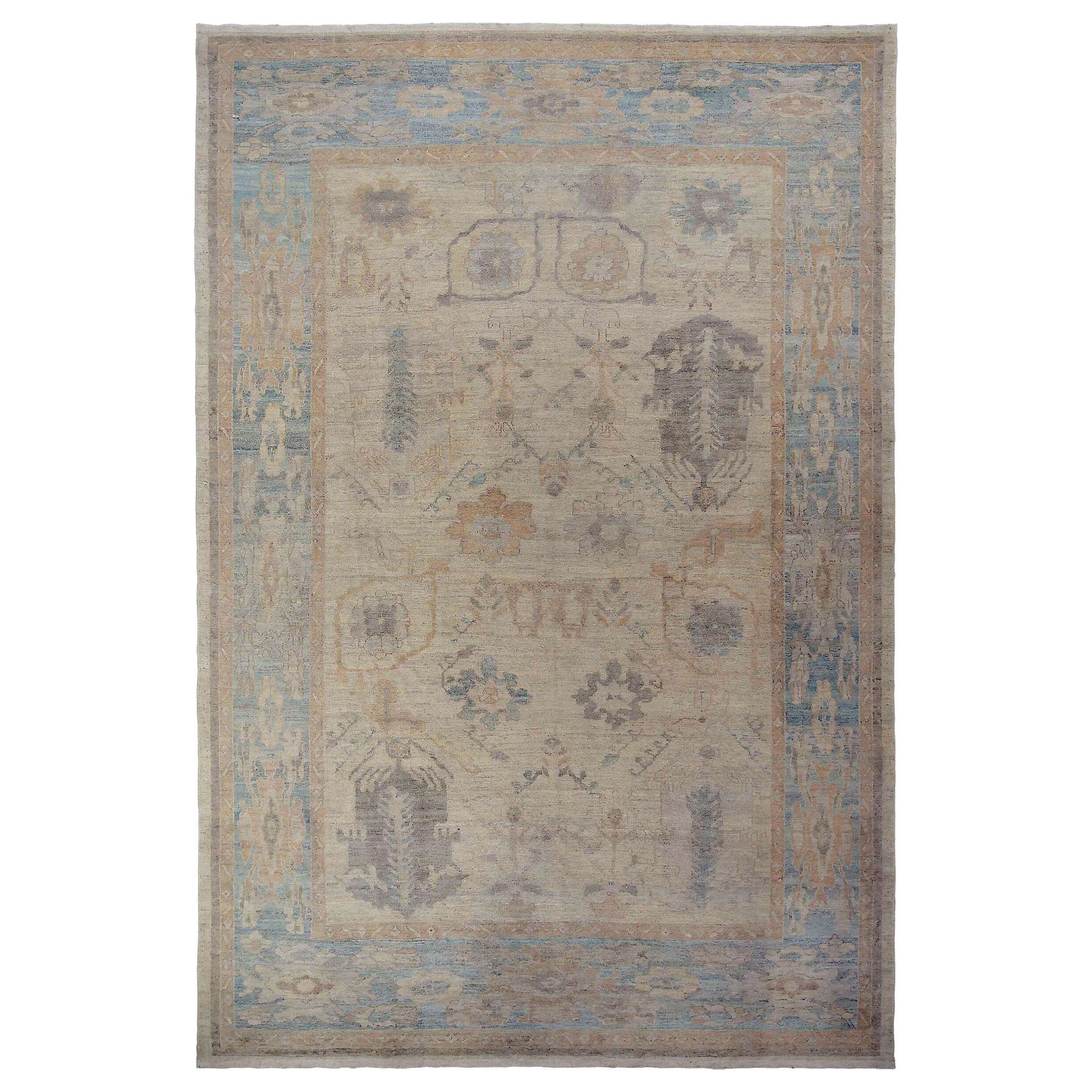 Persian Oushak Area Rugs Circa 1990 - Wool Blue Ivory Design - 88982