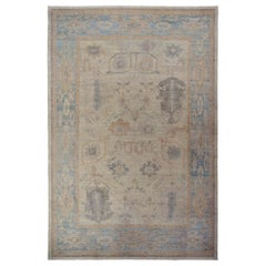 Persian Oushak Area Rugs Circa 1990 - Wool Blue Ivory Design - 88982